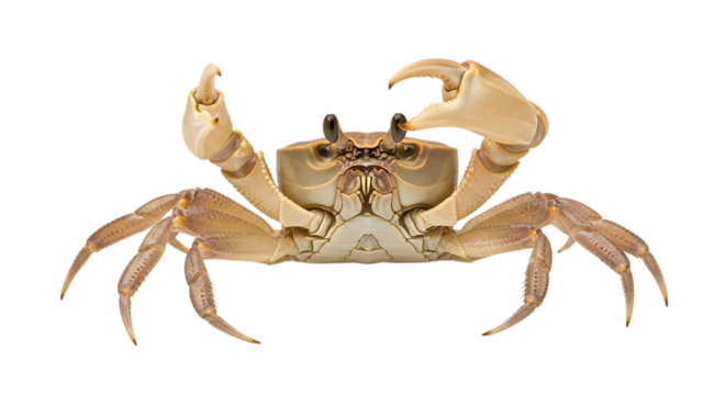 Close up of a light brown crab with claws raised isolated on transparent background