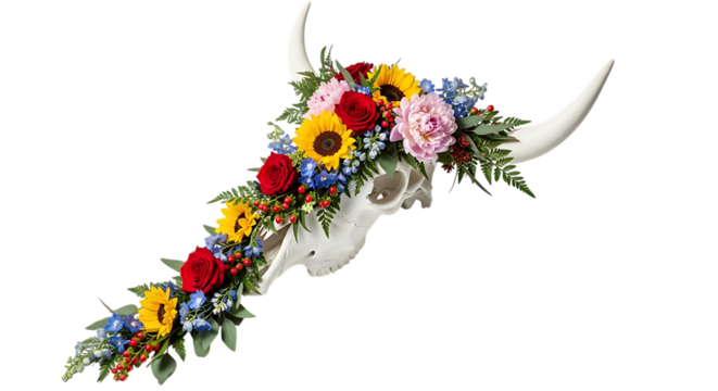 Decorated bull skull with vibrant flowers isolated on transparent background