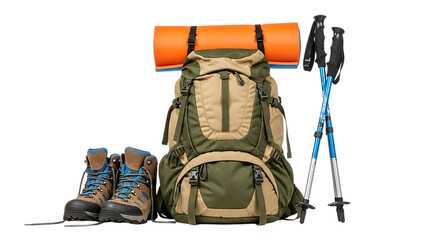 Hiking backpack with boots and trekking poles isolated on transparent background