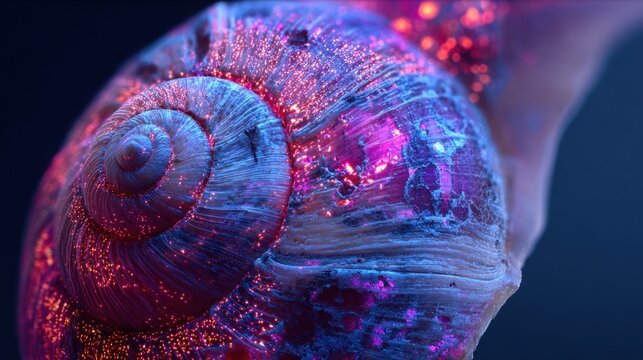 Close-up of a snail shell with iridescent, glowing pink and blue patterns on its surface