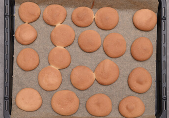 Baking tray with baked round small biscuits, confectionery base for cookies