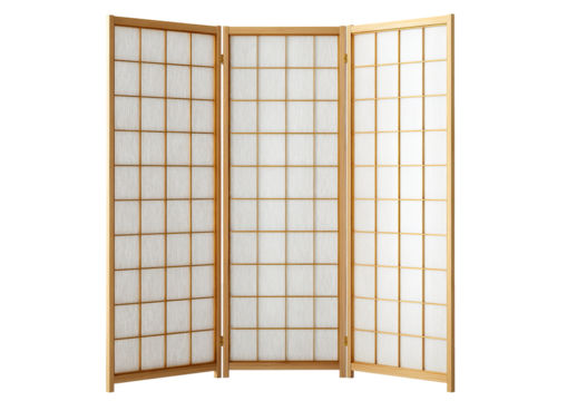 A wooden three-panel room divider with paper squares, in a neutral lit environment