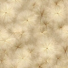 Delicate dandelion seed heads are scattered across a textured beige background creating a soft and visually appealing nature inspired pattern.