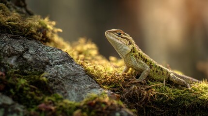 Lizard on moss covered rock
