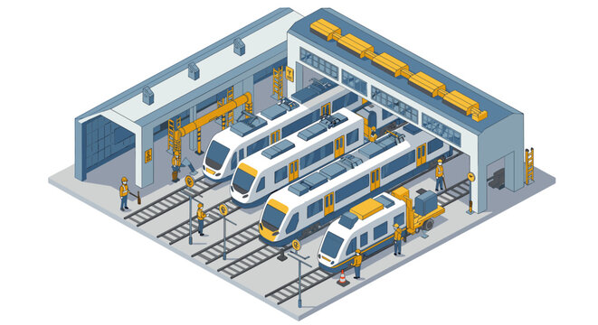 Isometric train depot scene with workers and modern trains in maintenance facility