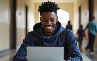 Black teenager using laptop while studying with his friends in high school hallway. High quality