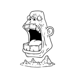 Surreal Floating Stone Head with Open Mouth Black and White Vector Illustration. vector illustration of a cartoon character