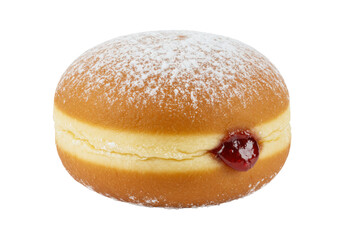 Isolated jam donut covered in powdered sugar is a delicious bakery product for dessert treat