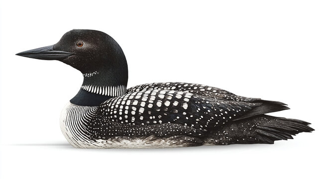 A detailed close up of a common loon resting on a white surface in a studio setting