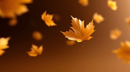 Golden autumn maple leaves gracefully float and dance against a soft warm amber blurred background conveying a serene seasonal mood