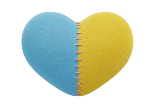 Isolated heart-shaped pillow, two-tone, stitched together, symbolic of damaged love