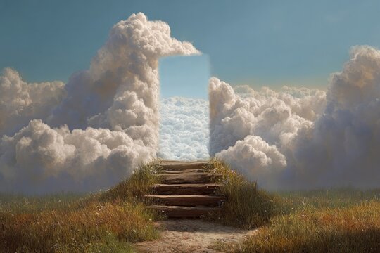 Grassy path leading to cloud gate heaven stairs