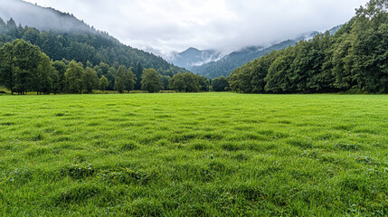 Fototapeta premium Lush green meadow with misty mountains in background creates serene atmosphere