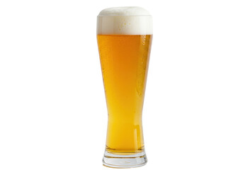 Isolated glass of refreshing wheat beer with thick foam in a tall slim glass, ready to serve