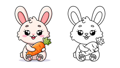 Cute kawaii Bunny with carrot. Black and white vector illustration for coloring book with example in color