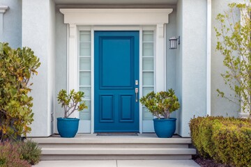 Fototapeta premium Bright blue door welcomes visitors to a well-maintained home.