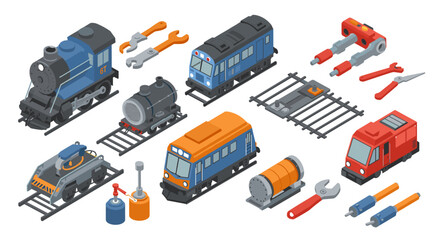 Obraz premium Isometric train set with locomotives and maintenance tools for repair and assembly