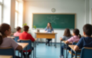School classroom in blur background without young student. Blurry view of elementary class room no kid or teacher with chairs and tables in campus. Back to school concept. High quality