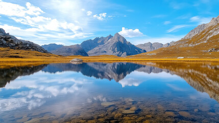 Fototapeta premium Majestic mountains reflect in serene lake, surrounded by golden grass and blue skies