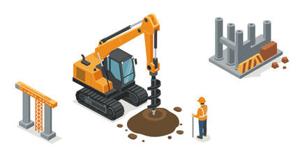 Isometric construction site with excavator drill and worker