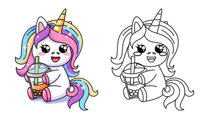 Cute kawaii unicorn with bubble tea. Black and white vector illustration for coloring book with example in color