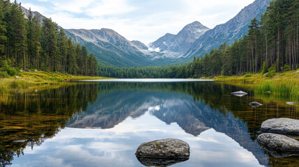 Serene mountain reflection on calm water, showcasing nature beauty and tranquility