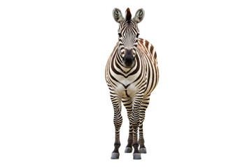 Isolated zebra stands with dark stripes and long legs, a powerful equine creature, mammal