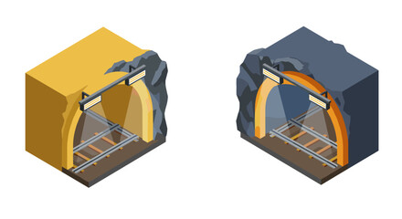 Modern transportation tunnel concept with isometric design in yellow and blue themes