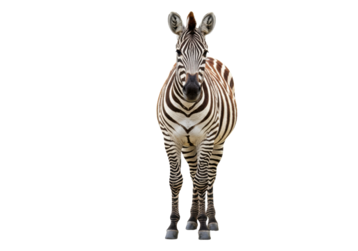 Isolated zebra stands with dark stripes and long legs, a powerful equine creature, mammal