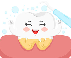 Happy Cartoon Tooth Getting Dental Cleaning