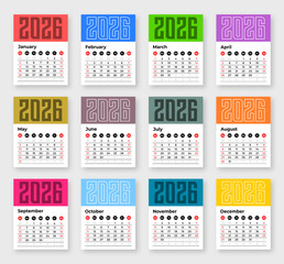 Modern minimalist 2026 yearly calendar template. 12 months calendar template for 2026.