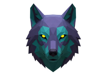 Isolated polygonal wolf head with geometric design and glowing eyes, animal symbol vector