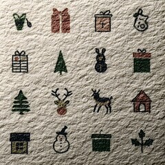 Christmas icons are stamped in rows onto textured paper, creating a handmade holiday greeting card background with rustic charm and simplicity.