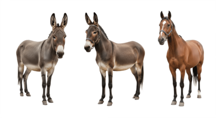 Set of Three Domestic Equine Animals – Donkey, Mule, and Horse Isolated on White Background – Farm and Working Animals Collection Showcasing Strength, Heritage, and Rural Agriculture in High Detail