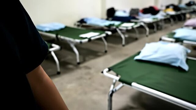 Woman showing evacuation wristband in a temporary shelter, rows of cots for disaster relief and humanitarian aid footage