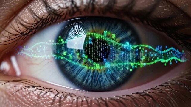 Close-up of a human eye with a digital DNA helix overlay, representing genetic engineering and biotechnology. - Powered by Adobe