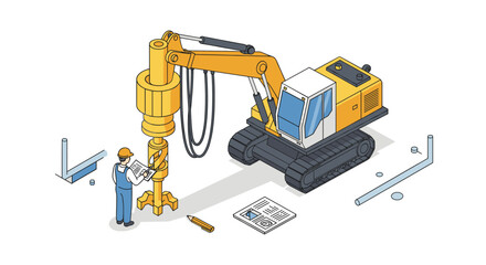 Construction equipment in isometric style featuring engineer and heavy machinery