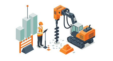 Construction site isometric scene with worker and heavy machinery