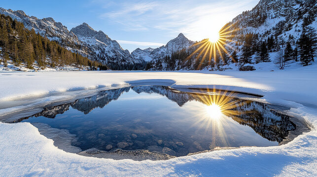 Serene winter landscape featuring frozen lake surrounded by snow covered mountains - Powered by Adobe