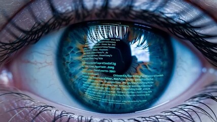 Close-up of a human eye with digital code reflected in the iris, symbolizing technology and data. - Powered by Adobe