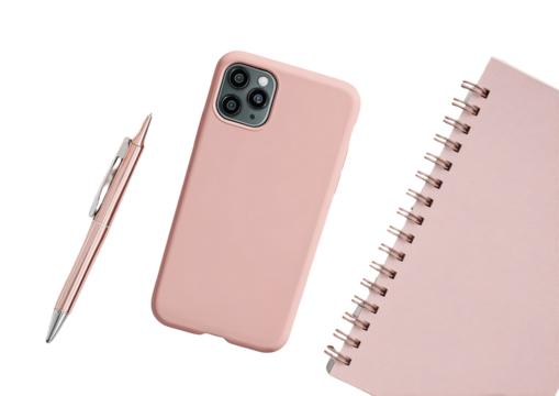 Still life of a pen, smartphone, and notebook, all in shades of dusty pink