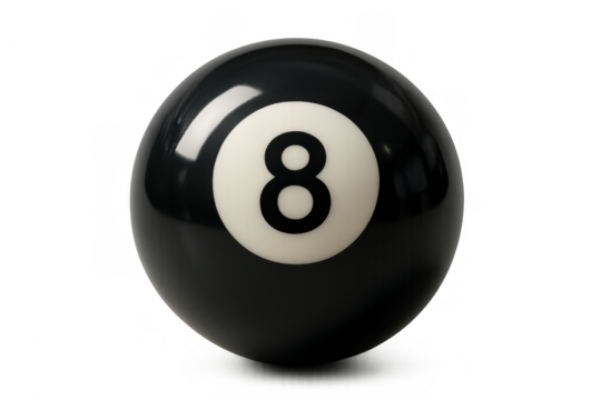 Black eight ball for billiards and pool game, symbolizing luck, chance, and destiny with transparent background