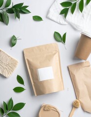 Blank kraft pouch mockup with eco-friendly items.