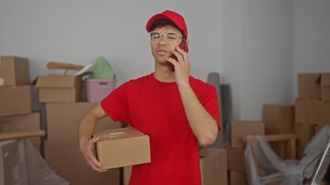 Man holding cardboard box and smartphone at his ear indoors in a new home by stacked moving boxes; efficiency.