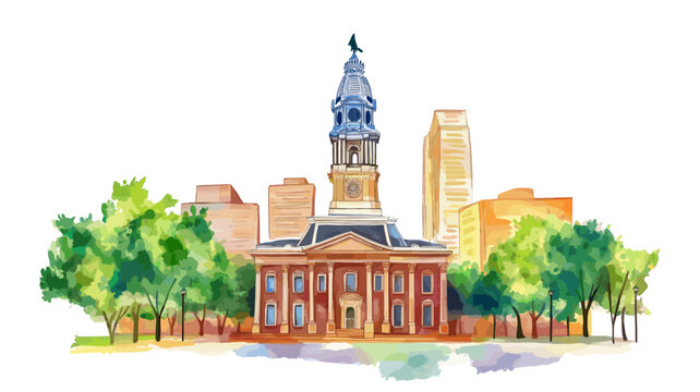 Independence Hall and Liberty Bell. Independence Hall and Liberty Bell hand drawn watercolor illustration