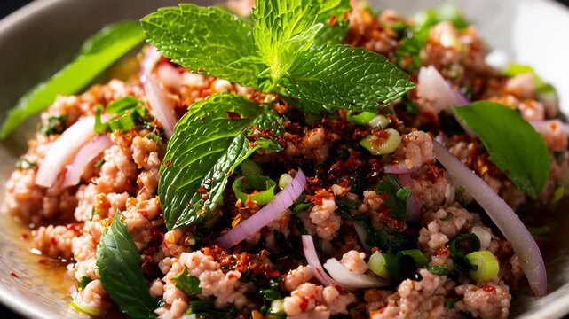 Thai larb salad minced pork fresh mint herb closeup with chili flakes lime and onion, spicy aromatic homemade vibrant colors appetizing rustic bowl