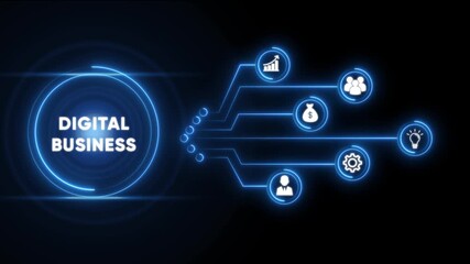 Digital business growth strategy icons connecting data analytics team collaboration financial success innovation concept abstract technology network blue neon glow - Powered by Adobe