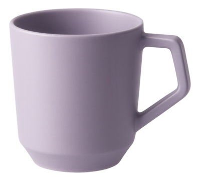 Soft lavender ceramic cup with an angular handle and clean lines.