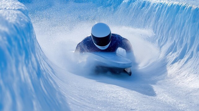 Skeleton athlete speeding through icy curved track