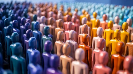 Obraz premium A vibrant array of colorful wooden figures stands in rows, symbolizing diversity and unity among people.